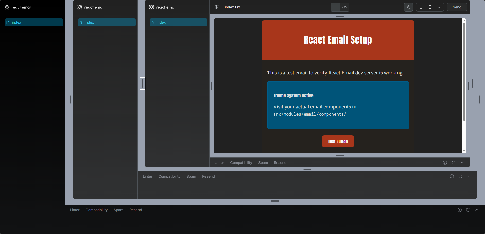 React Email 开发环境的截图，呈现出一种异常的“俄罗斯套娃”式递归布局。左侧连续排列了三个重复的侧边栏面板（均显示选中“index”），层层向右嵌套展开。最右侧的主预览区域显示了 index.tsx 的最终渲染结果，包含红色的 “React Email Setup” 标题背景、蓝色的 “Theme System Active” 信息框以及底部的红色按钮。
